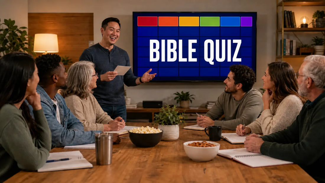 Group hosting a Bible quiz night with an original clue board on a television
