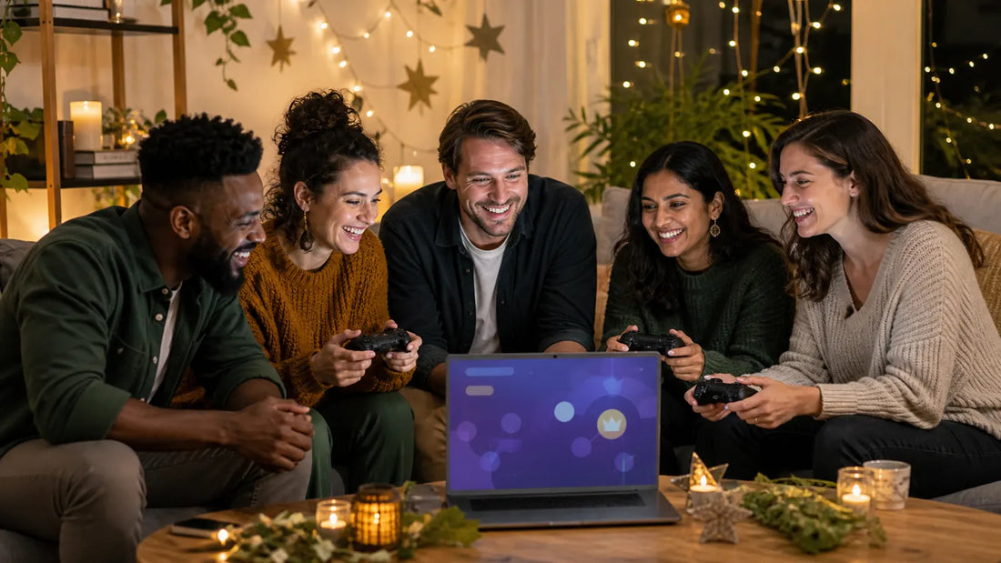 Adults enjoying a whimsical digital trivia night together