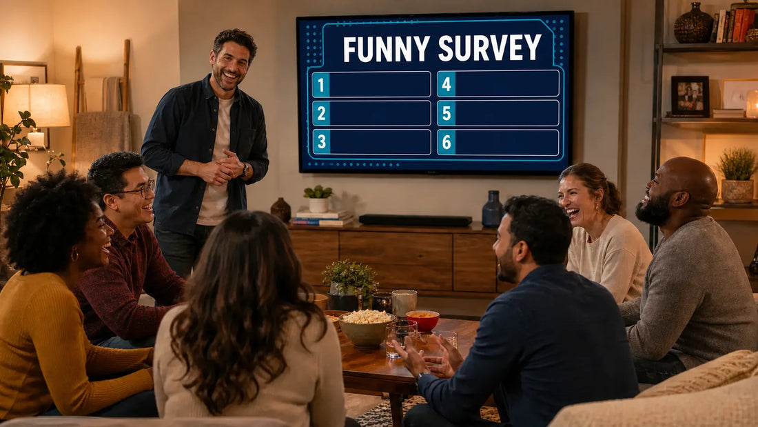 Friends playing a funny survey-answer party game with an original board on a television
