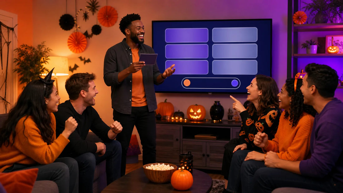 Friends playing a Halloween survey-answer party game in a decorated living room