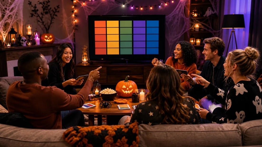 Friends hosting a Halloween trivia game around a colorful clue board
