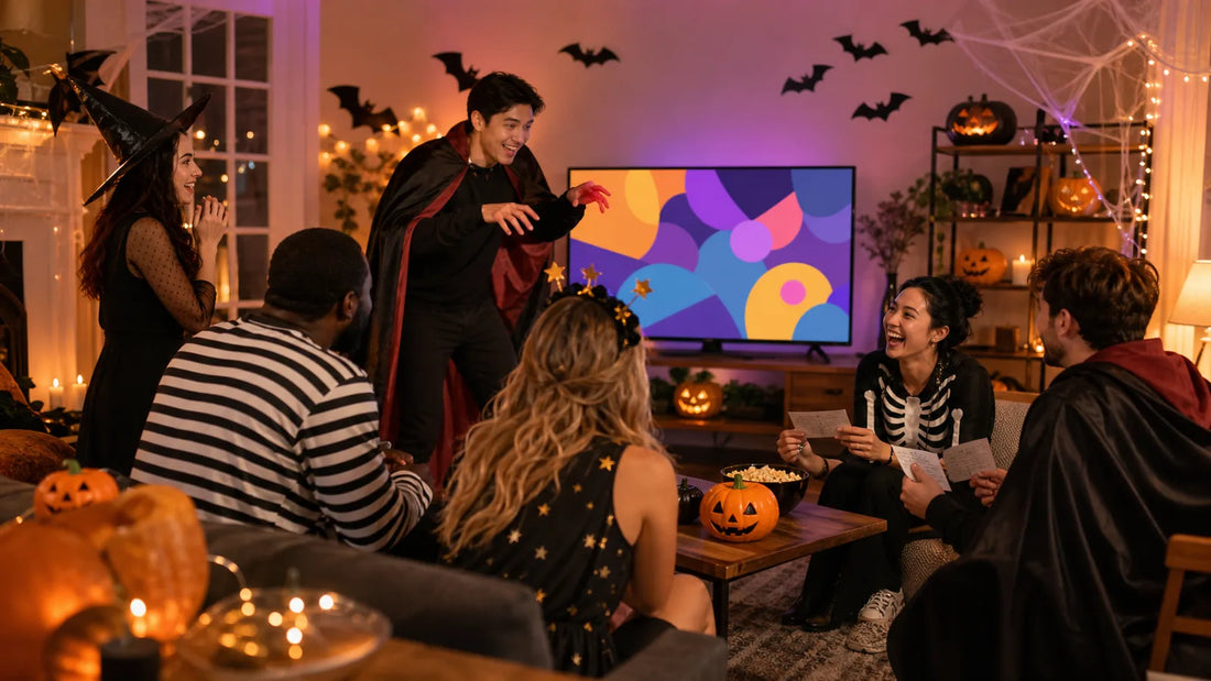 Adults enjoying a Halloween party game in a decorated living room