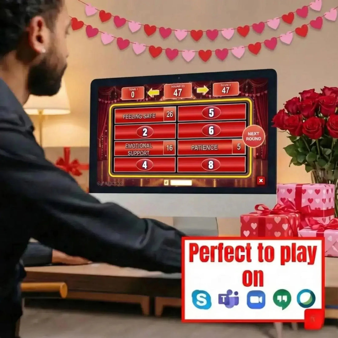 Player using the Valentine's Day Feud answer board on a desktop computer