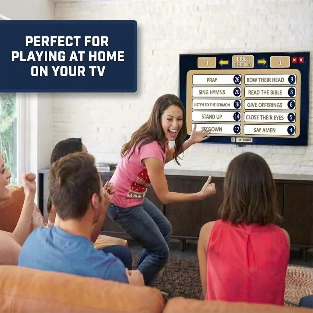 Family playing the Bible Edition survey game on a living room television