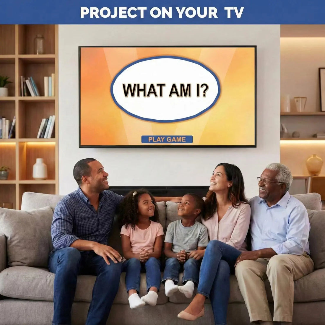 Family watching the What Am I riddle game on a living room television