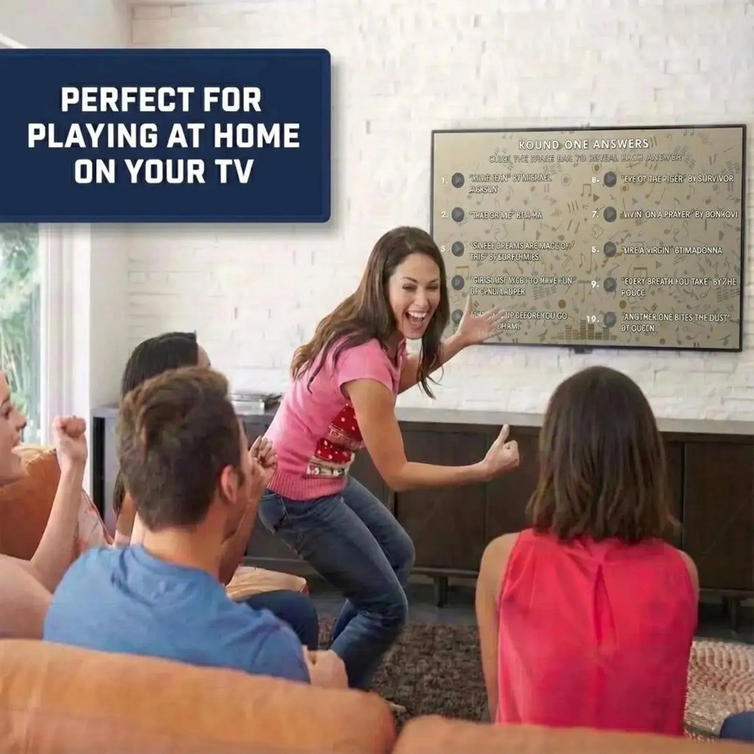 Family playing Name That Tune on a living room television