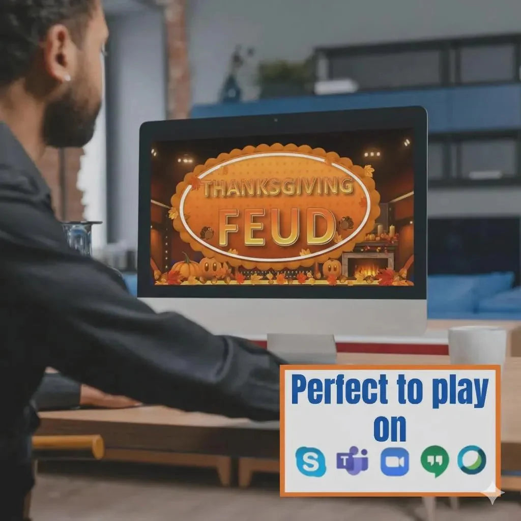 Player using the Thanksgiving Feud PowerPoint game on a laptop