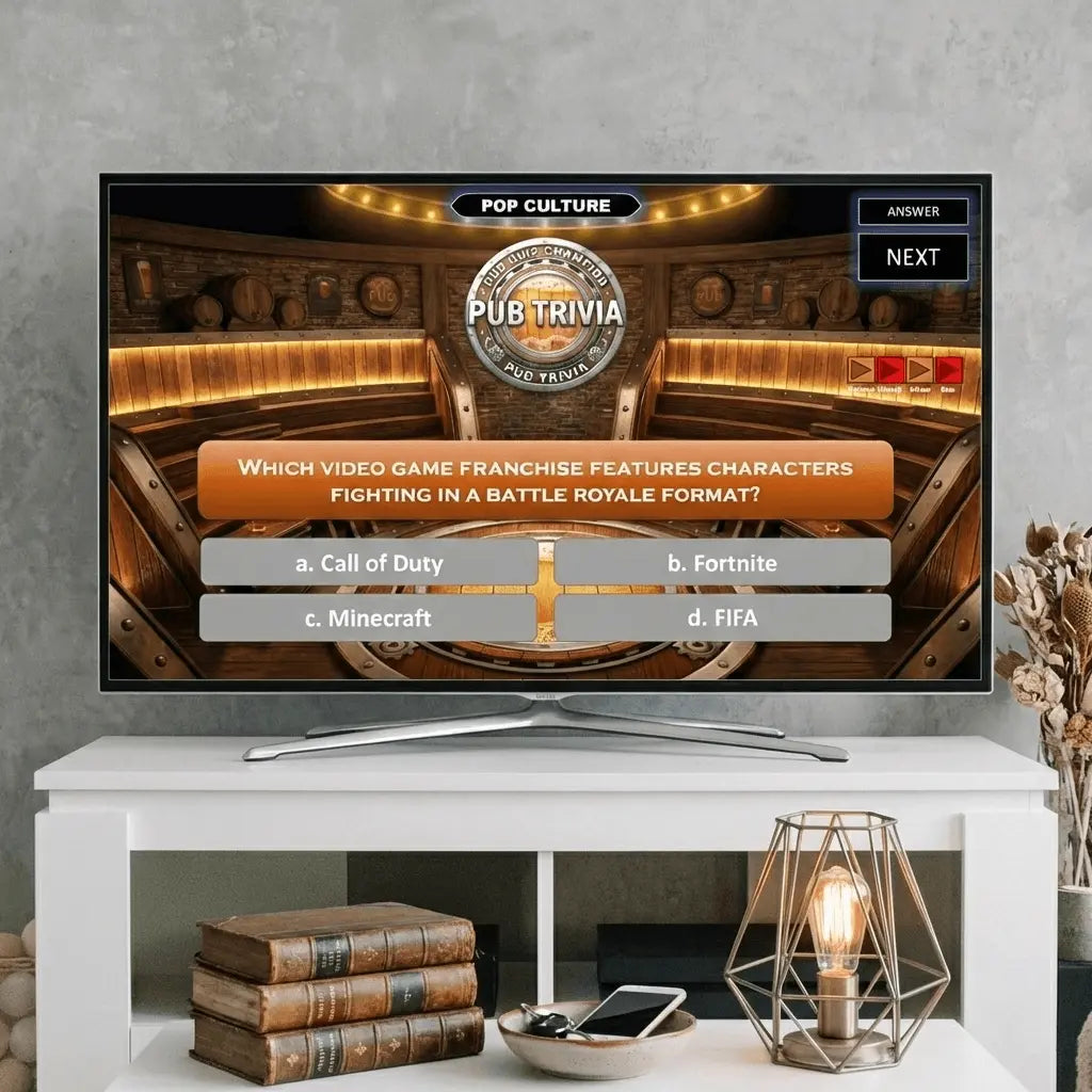 Multiple-choice Pub Trivia question displayed on a living room television