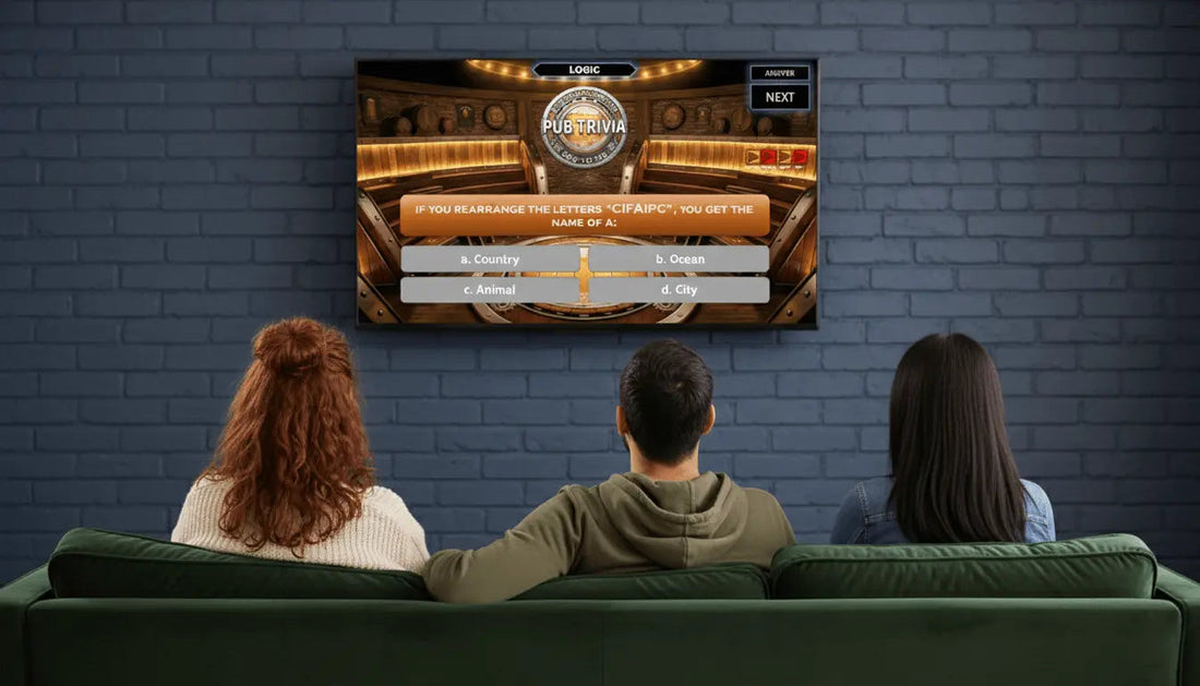 Friends playing the Pub Trivia PowerPoint game on a television