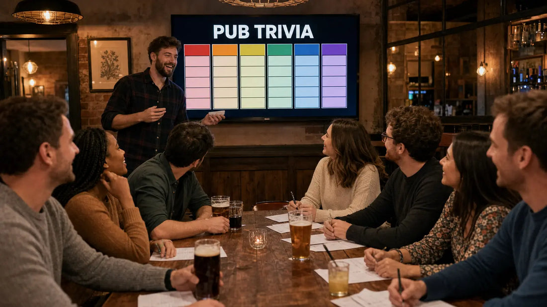 Friends playing pub trivia with a colorful quiz board on a television