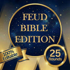 Bible Edition Feud game cover in blue and gold with an editable 25-round template badge