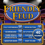 Friendly Feud PowerPoint template cover with customizable features and 40-round badge