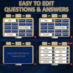 Side-by-side editable Bible questions and answers screens in the PowerPoint game