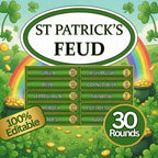 St. Patrick's Day Feud cover with shamrocks, answer board and 30 rounds