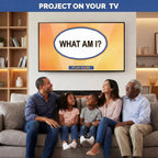 Family watching the What Am I riddle game on a living room television