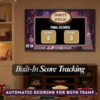 Dirty Feud final score screen displayed on a living room television