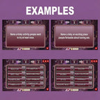 Example questions and answer boards from the Valentine Dirty Feud game