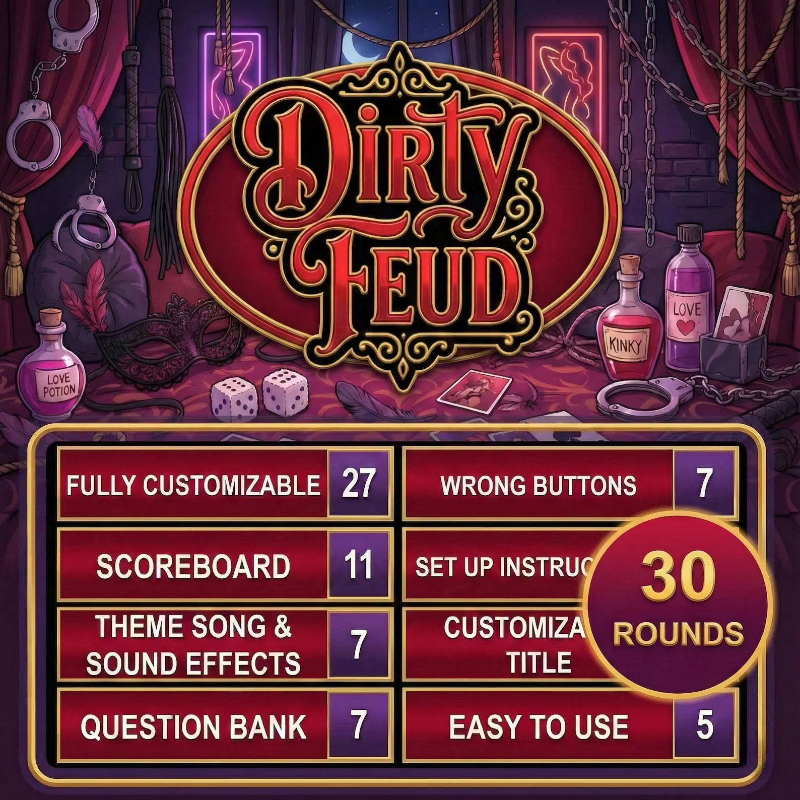 Valentine Dirty Feud | Adults Only Game | Dirty Feud Trivia | Trivia Night | Party Game | Powerpoint Game Editable | Friendly Feud