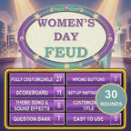 Women's Day Feud game cover with a feature list and 30-round badge