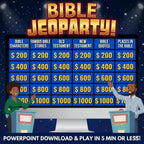 Bible Jeopardy game board with six categories and tiered question values