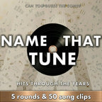 Name That Tune game cover with a vinyl record, five rounds and 50 song clips