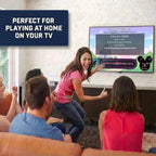 Family playing the Disney version Finish the Lyrics game on a television