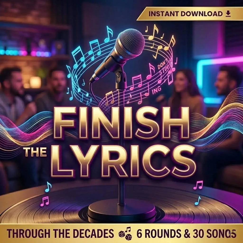 Finish The Lyrics Game PowerPoint | Music Trivia Party Game | Guess The Song Lyrics | 30 Songs 6 Rounds | Decades Music Quiz | Party Game