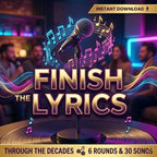 Finish the Lyrics game cover with a neon microphone, six rounds and 30 songs