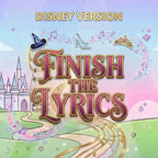 Disney version Finish the Lyrics game cover with a pastel castle and music symbols