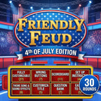 4th of July Friendly Feud game cover with a patriotic stage, feature list and 30-round badge