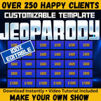 Customizable Jeopardy PowerPoint template cover with an editable quiz board