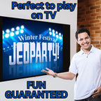 Presenter showing a customized Jeopardy game on a television