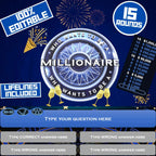 Millionaire-style PowerPoint game cover with an editable 15-round quiz board