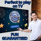 Presenter showing the Millionaire-style quiz game on a television