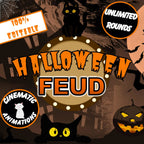 Halloween Feud game cover with black cats, pumpkins and editable-round details