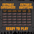 Editable Halloween Jeopardy categories and question values on the quiz board