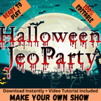 Halloween Jeopardy game cover with a moonlit haunted house and editable-template badge