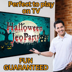 Presenter showing the Halloween Jeopardy game on a television