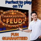 Presenter showing the Thanksgiving Feud game on a television