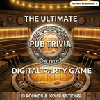 Pub Trivia digital party game cover in a bar setting with 10 rounds and 100 questions