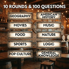 Pub Trivia category list including geography, history, movies, music, food and sports